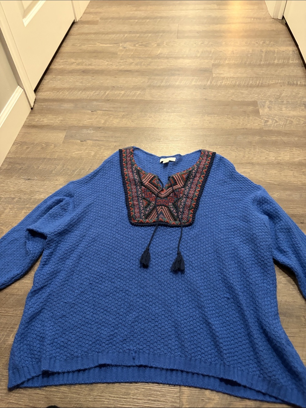 American Vintage Royal Blue V-Neck Knit Sweater with Embroidered Yoke